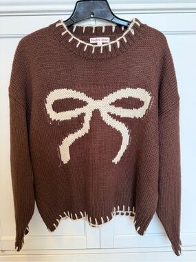 Bailey Rose Oversized Brown Crewneck Sweater with Cream Bow - Small